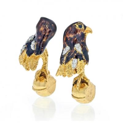  Tiffany Co TIFFANY CO 18K YELLOW GOLD FALCON EAGLE BIRD ENAMELED CUFF LINKS