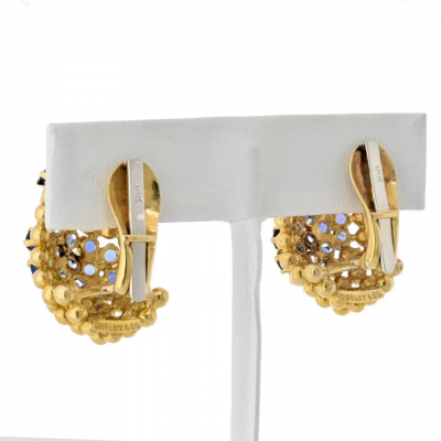  Tiffany Co TIFFANY CO 18K YELLOW GOLD HONEYCOMB BEAD SAPPHIRE EARRINGS
