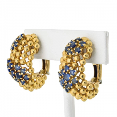  Tiffany Co TIFFANY CO 18K YELLOW GOLD HONEYCOMB BEAD SAPPHIRE EARRINGS