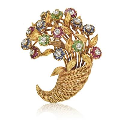  Tiffany Co TIFFANY CO 18K YELLOW GOLD SAPPHIRE EMERALD RUBY AND DIAMOND BROOCH