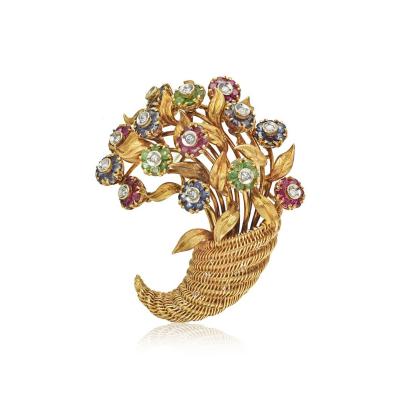  Tiffany Co TIFFANY CO 18K YELLOW GOLD SAPPHIRE EMERALD RUBY AND DIAMOND BROOCH