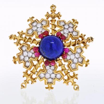  Tiffany Co TIFFANY CO 18K YELLOW GOLD SNOWFLAKE WITH LAPIS RUBIES AND DIAMONDS BROOCH