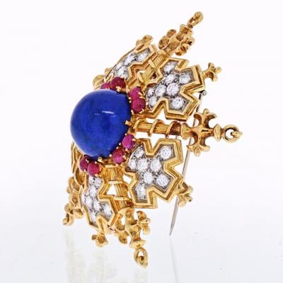  Tiffany Co TIFFANY CO 18K YELLOW GOLD SNOWFLAKE WITH LAPIS RUBIES AND DIAMONDS BROOCH