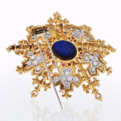  Tiffany Co TIFFANY CO 18K YELLOW GOLD SNOWFLAKE WITH LAPIS RUBIES AND DIAMONDS BROOCH