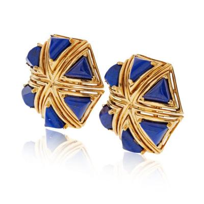 Tiffany Co TIFFANY CO 1970S 18K YELLOW GOLD TRIANGULAR LAPIS BOHEMIAN EARRINGS