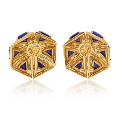  Tiffany Co TIFFANY CO 1970S 18K YELLOW GOLD TRIANGULAR LAPIS BOHEMIAN EARRINGS