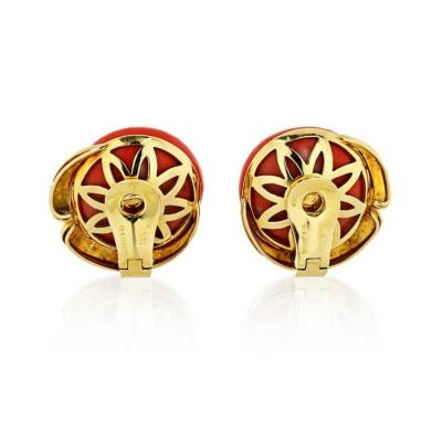  Tiffany Co TIFFANY CO CORAL 18K YELLOW GOLD ROUND CORAL CLIP EARRINGS