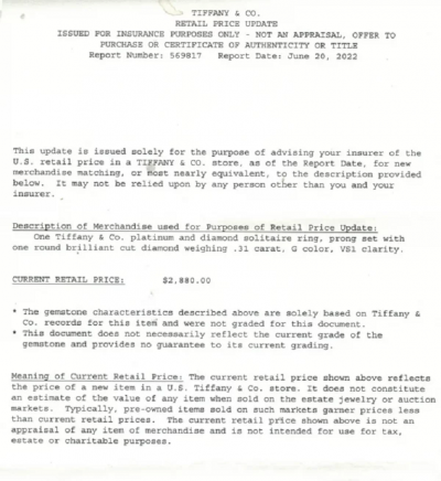 Tiffany Co TIFFANY CO DIAMOND SOLITAIRE ENGAGEMENT RING