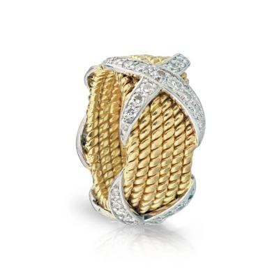  Tiffany Co TIFFANY CO PLATINUM 18K YELLOW GOLD SIX ROW ROPE DIAMOND X WEDDING BAND