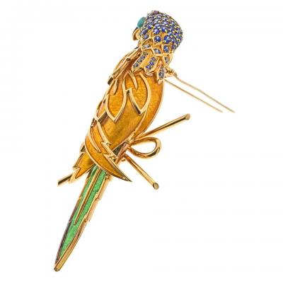  Tiffany Co TIFFANY CO PLATINUM 18K YELLOW GOLD YELLOW GREEN ENAMEL PARROT BROOCH