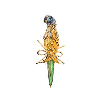  Tiffany Co TIFFANY CO PLATINUM 18K YELLOW GOLD YELLOW GREEN ENAMEL PARROT BROOCH