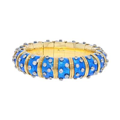  Tiffany Co TIFFANY CO SCHLUMBERGER 18K YELLOW GOLD BLUE ENAMEL DIAMOND BANGLE BRACELET