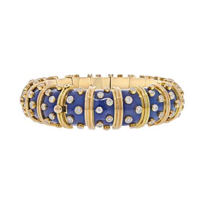  Tiffany Co TIFFANY CO SCHLUMBERGER 18K YELLOW GOLD BLUE ENAMEL DIAMOND BRACELET
