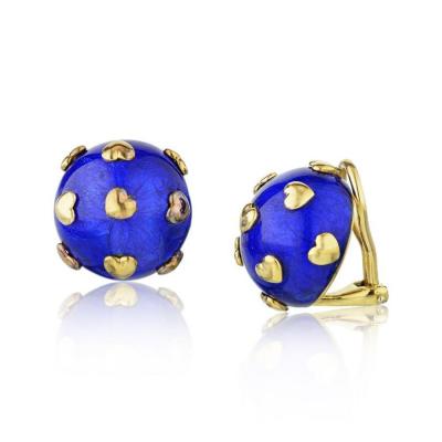  Tiffany Co TIFFANY CO SCHLUMBERGER 18K YELLOW GOLD BLUE ENAMEL HEART MOTIF EARRINGS