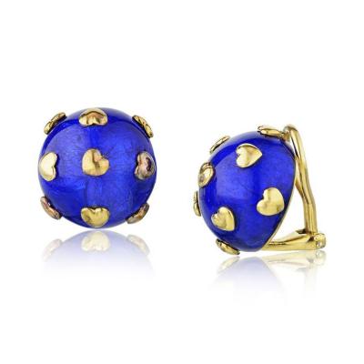 Tiffany Co TIFFANY CO SCHLUMBERGER 18K YELLOW GOLD BLUE ENAMEL HEART MOTIF EARRINGS