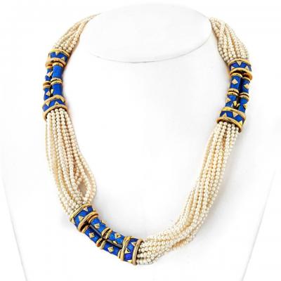 Tiffany Co TIFFANY CO SCHLUMBERGER 18K YELLOW GOLD BLUE ENAMEL PEARL STRING NECKLACE