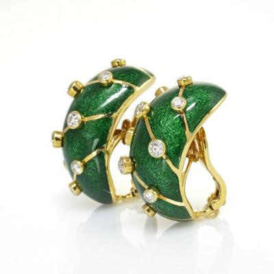  Tiffany Co TIFFANY CO SCHLUMBERGER 18K YELLOW GOLD GREEN ENAMEL BANANA DIAMOND EARRINGS