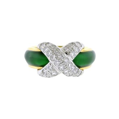  Tiffany Co TIFFANY CO SCHLUMBERGER PAVE X RING WITH GREEN ENAMEL