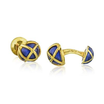  Tiffany Co TIFFANY CO SCHLUMBERGER PLATINUM 18K YELLOW GOLD BLUE ENAMEL CUFF LINKS