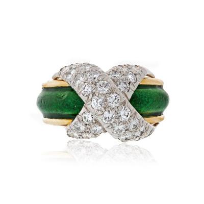  Tiffany Co TIFFANY CO X WITH GREEN ENAMEL PLATINUM AND 18K YELLOW GOLD DIAMOND RING