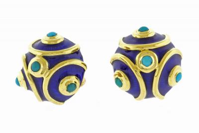  Tiffany Co Tiffany Co Blue Enamel and Turquoise Round Earrings