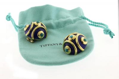  Tiffany Co Tiffany Co Blue Enamel and Turquoise Round Earrings