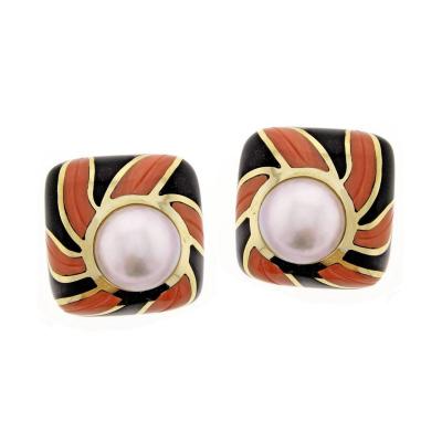  Tiffany Co Tiffany Co Coral Onyx Pearl Gold Earrings