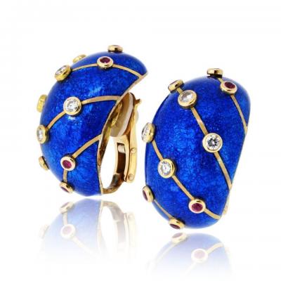  Tiffany Co Tiffany Co Schlumberger 18K YG Blue Enamel Ruby And Diamond Banana Earrings