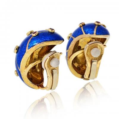 Tiffany Co Tiffany Co Schlumberger 18K YG Blue Enamel Ruby And Diamond Banana Earrings