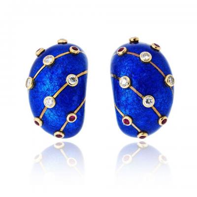  Tiffany Co Tiffany Co Schlumberger 18K YG Blue Enamel Ruby And Diamond Banana Earrings