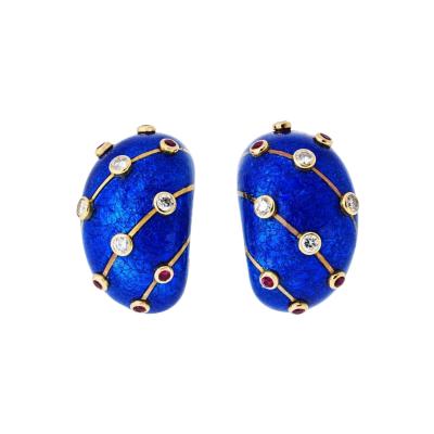  Tiffany Co Tiffany Co Schlumberger 18K YG Blue Enamel Ruby And Diamond Banana Earrings