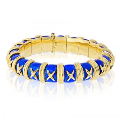  Tiffany Co Tiffany Co Schlumberger 18K YG Croisillon Blue Enamel Bangle Bracelet