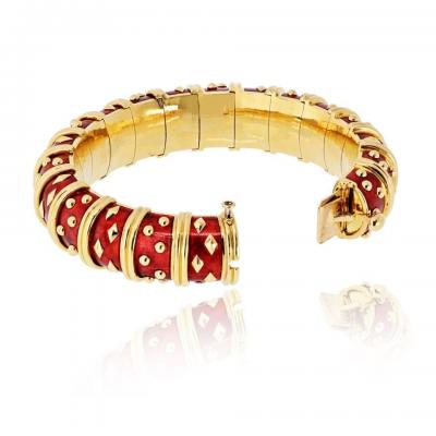  Tiffany Co Tiffany Co Schlumberger 18K YG Dot Losange Red Enamel Bangle Bracelet