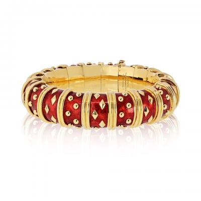  Tiffany Co Tiffany Co Schlumberger 18K YG Dot Losange Red Enamel Bangle Bracelet