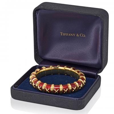  Tiffany Co Tiffany Co Schlumberger 18K YG Vintage Croisillon Red Enamel Bracelet