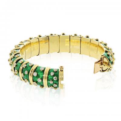  Tiffany Co Tiffany Co Schlumberger 18K Yellow Gold Green Enamel Diamond Bracelet