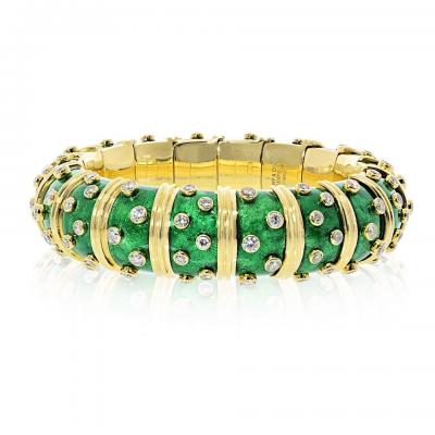  Tiffany Co Tiffany Co Schlumberger 18K Yellow Gold Green Enamel Diamond Bracelet