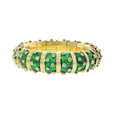  Tiffany Co Tiffany Co Schlumberger 18K Yellow Gold Green Enamel Diamond Bracelet