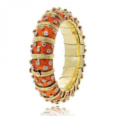  Tiffany Co Tiffany Co Schlumberger 18K Yellow Gold Orange Enamel Diamond Bracelet