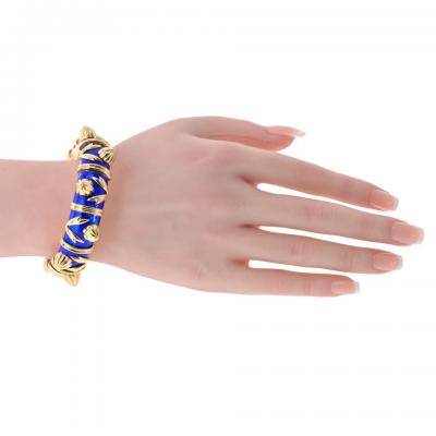  Tiffany Co Tiffany Co Schlumberger 18K Yellow Gold Paillonne Blue Enamel Cones Bangle