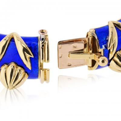  Tiffany Co Tiffany Co Schlumberger 18K Yellow Gold Paillonne Blue Enamel Cones Bangle
