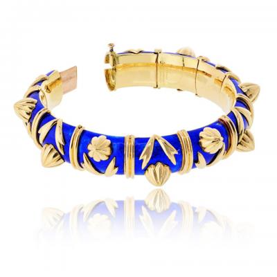  Tiffany Co Tiffany Co Schlumberger 18K Yellow Gold Paillonne Blue Enamel Cones Bangle