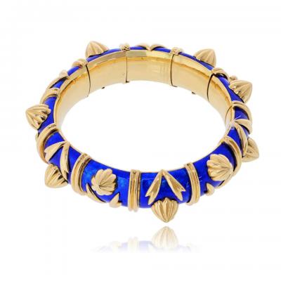  Tiffany Co Tiffany Co Schlumberger 18K Yellow Gold Paillonne Blue Enamel Cones Bangle