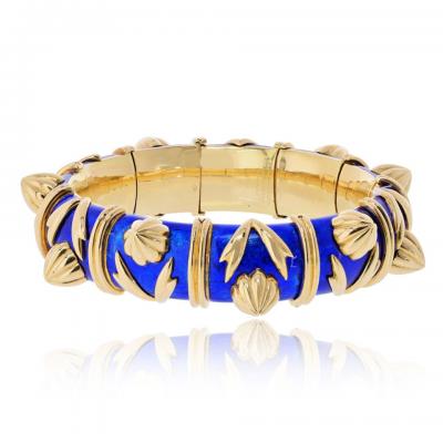  Tiffany Co Tiffany Co Schlumberger 18K Yellow Gold Paillonne Blue Enamel Cones Bangle