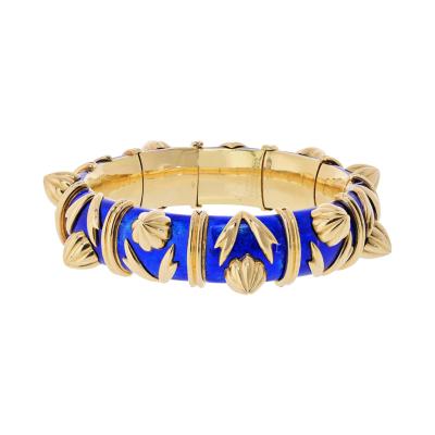  Tiffany Co Tiffany Co Schlumberger 18K Yellow Gold Paillonne Blue Enamel Cones Bangle