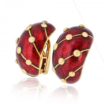  Tiffany Co Tiffany Co Schlumberger 18K Yellow Gold Red Enamel Diamond Banana Earrings