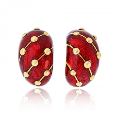  Tiffany Co Tiffany Co Schlumberger 18K Yellow Gold Red Enamel Diamond Banana Earrings