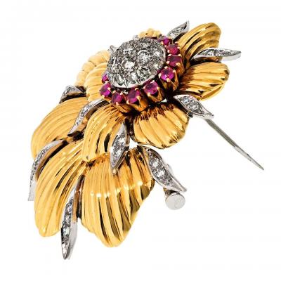  Tiffany Co Tiffany Co Schlumberger Platinum 18K Yellow Gold Diamond And Ruby Brooch