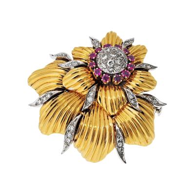  Tiffany Co Tiffany Co Schlumberger Platinum 18K Yellow Gold Diamond And Ruby Brooch