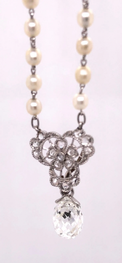 Tiffany Co Tiffany Co White Gold Beaded Pearl Necklace with Diamonds and Large Briolette